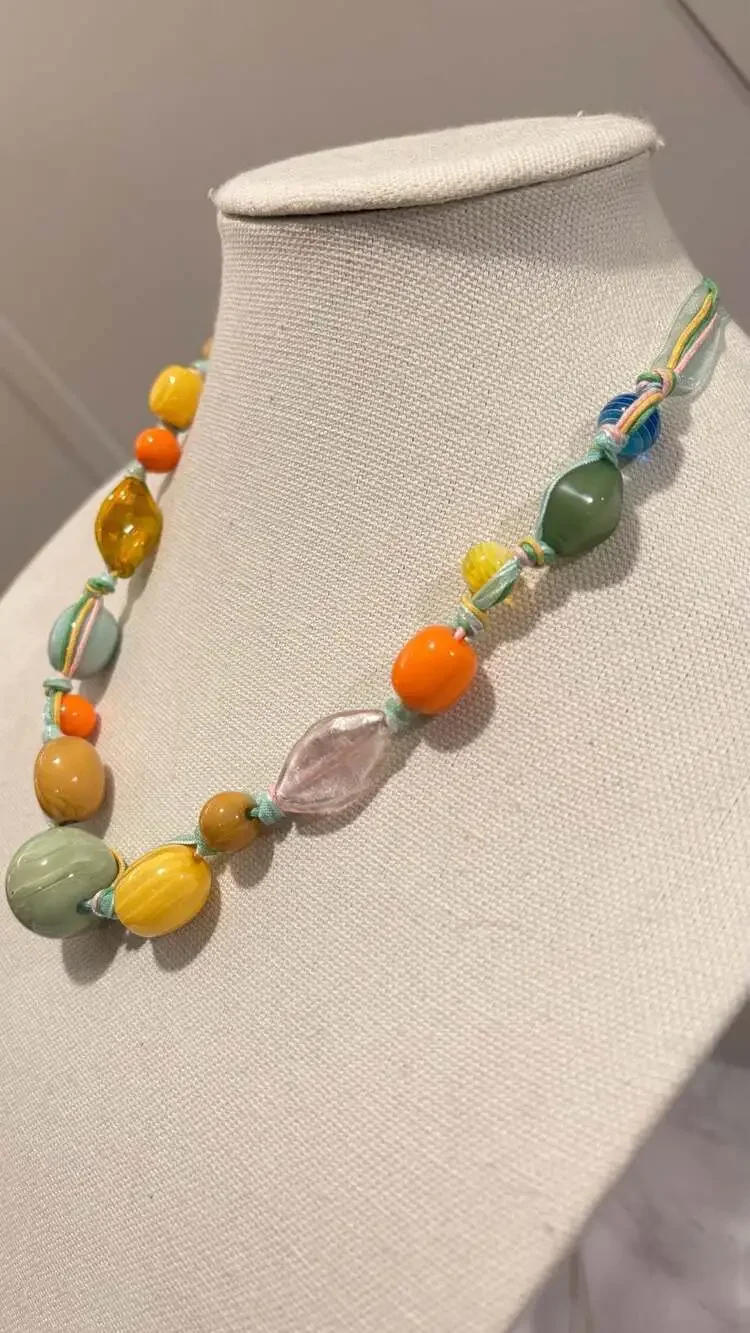 Bohemian Multi-Color Resin Glass Bead Statement Necklace Ribbon Cord
